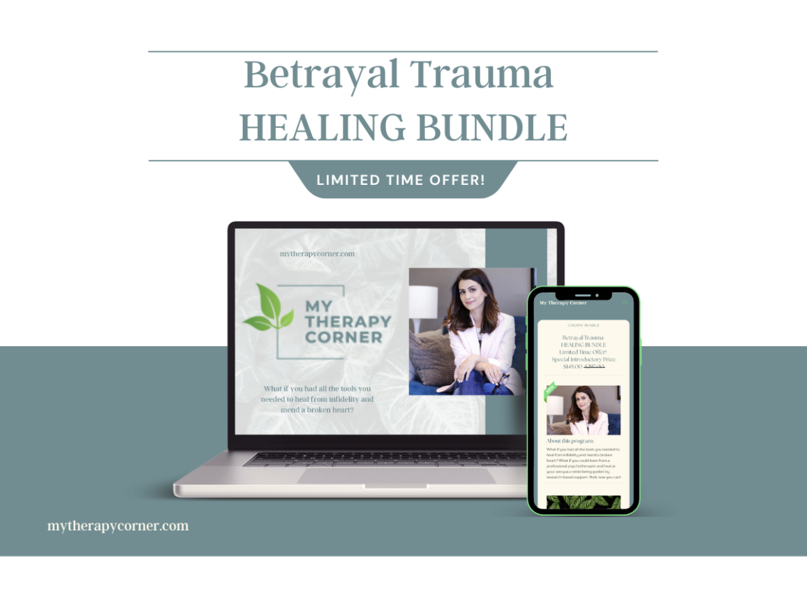 Betrayal Trauma Healing Bundle text with computer with the MTC logo and picture of Anna, next to phone with same photo.